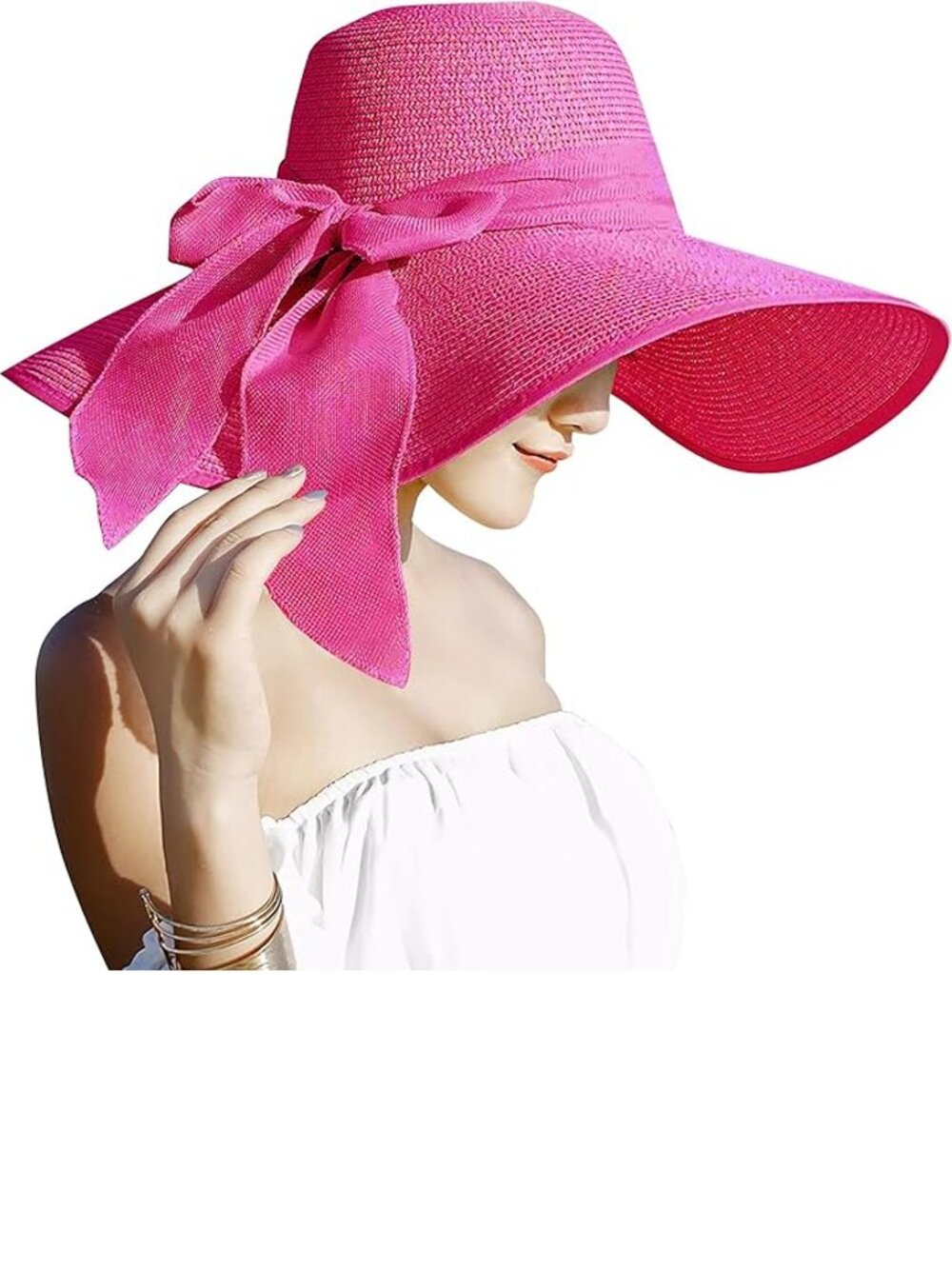 Womens 5.7' Big Bow Straw Hat Large Floppy Foldable Roll-Up Beach Cap